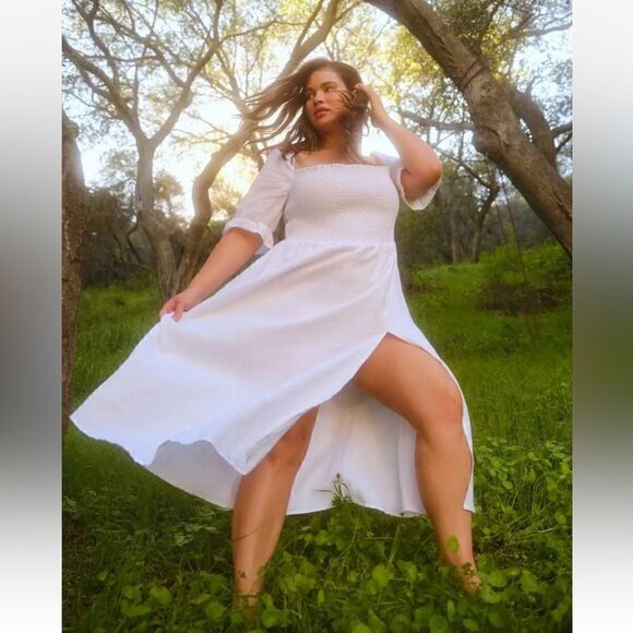 REFORMATION White MARABELLA Smocked Summer Linen Front Slit Midi Dress - Picture 6 of 11